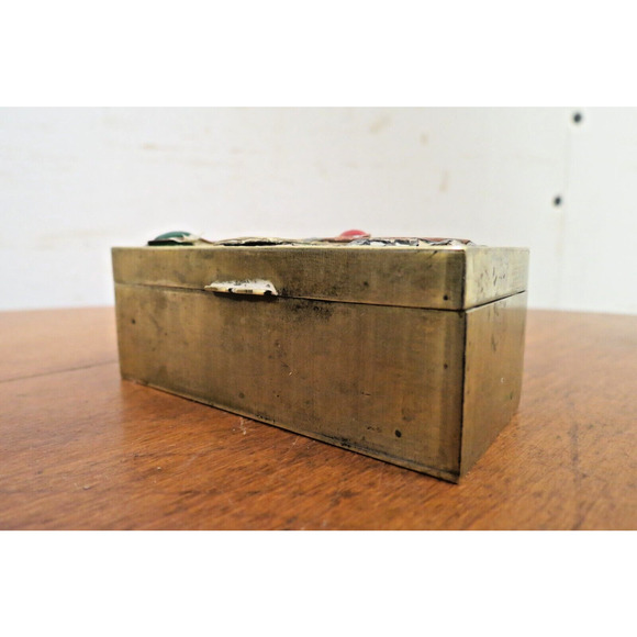 Chinese Brass Stamp Box Or Trinket Box W/ Cabochons & Vine Floral Design Vintage - Picture 4 of 5